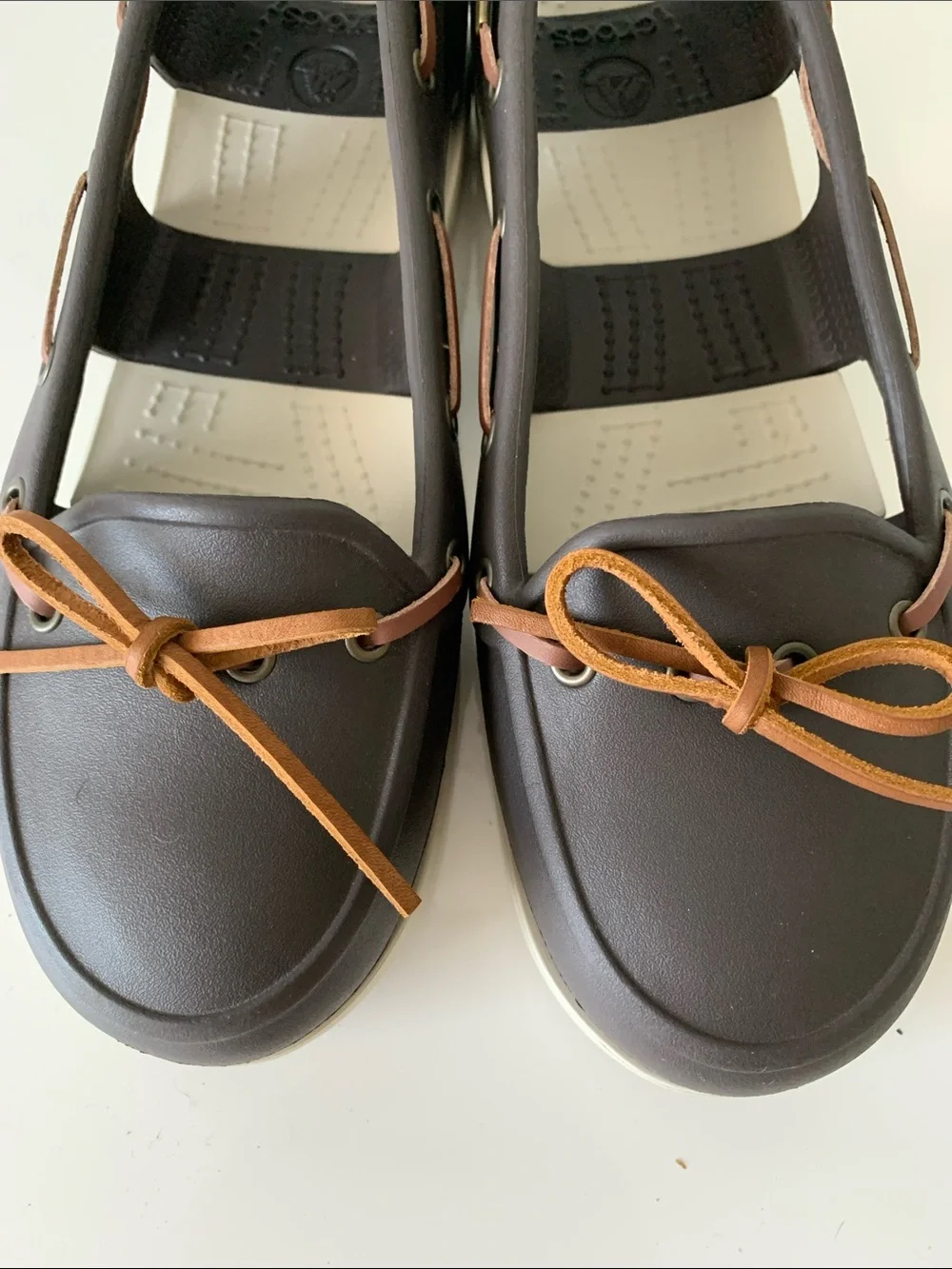 Crocs Women’s Brown Boat Slip On Sandal with Tan Laces Size 9